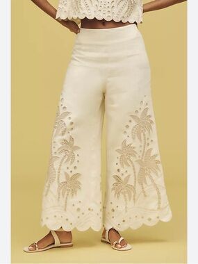 Farm Rio x Anthropologie Embroidered Palm Linen Pants in Palm Linen Richelier